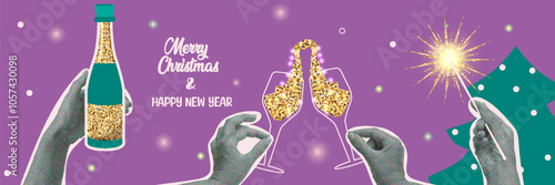 Collage with hand, alcohol, firework and gold ball. Halftone xmas and new year design 2025.
