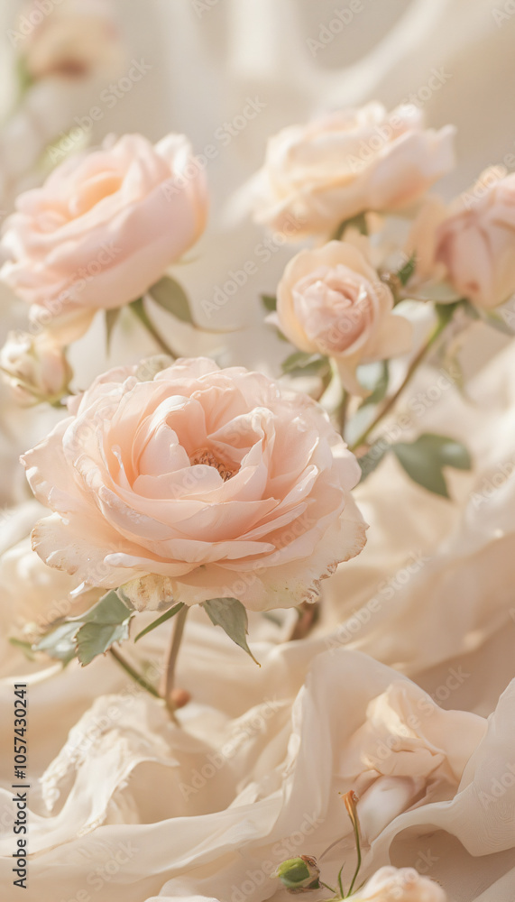 Soft Peach Roses with Delicate White Flowers in Light Setting Soft Peach Roses with Delicate White Flowers in Light Setting