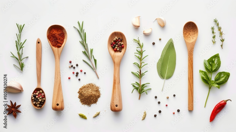 Spices, herbs, and utensils on a white background. Spices, herbs, and utensils on a white background.