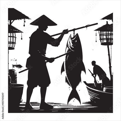 Black colour Silhouette of a fish seller holding a large fish