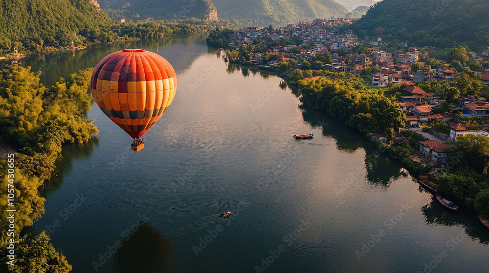 Fototapeta premium Colorful hot air balloons flying over mountain, Hot air balloon above high mountain at sunrise or sunset. 