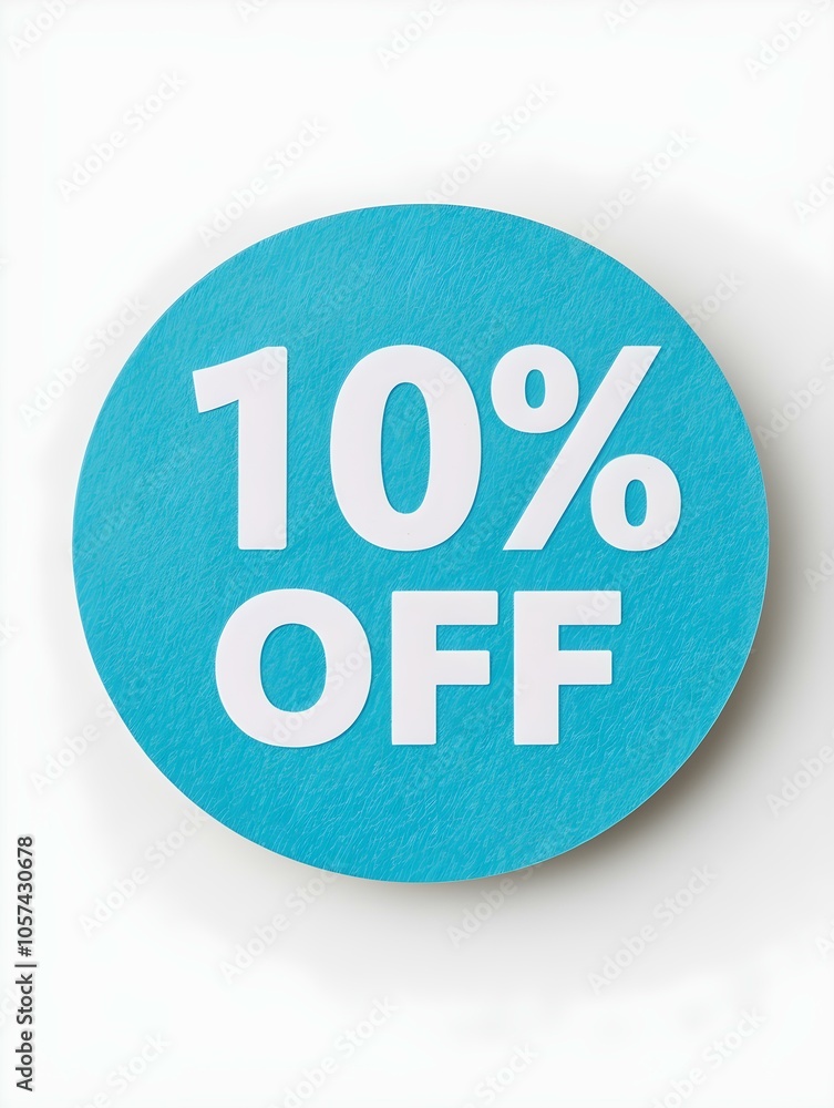 White '10% OFF' Text on a Cyan Round Paper Note. White Background White '10% OFF' Text on a Cyan Round Paper Note. White Background