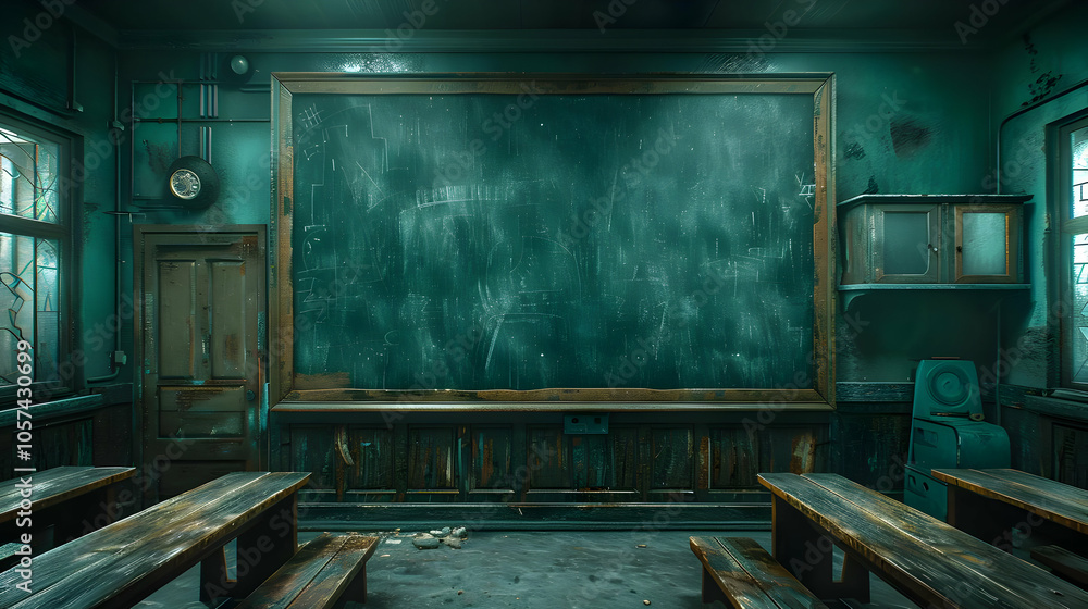 Old Classroom with Chalkboard and Desks 3D Illustration Old Classroom with Chalkboard and Desks 3D Illustration