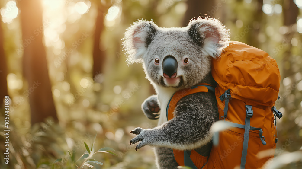 Fototapeta premium Koala Wearing Backpack Hiking in Bright Forest Scene