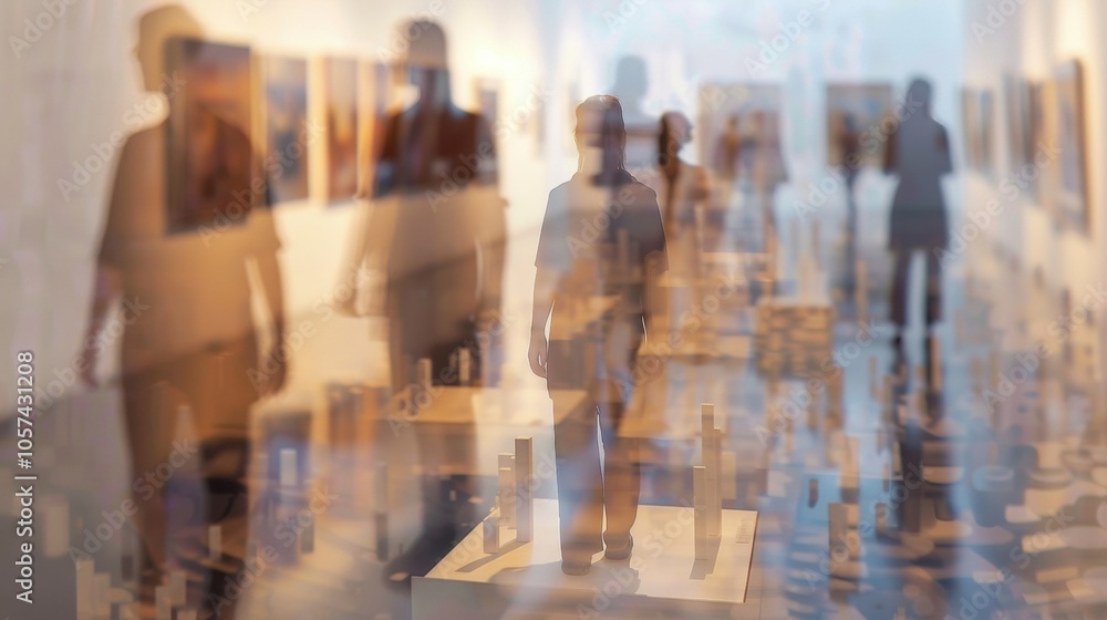 Obraz premium Distorted perspectives of both figures and art pieces in a defocused shot of an innovative art installation.