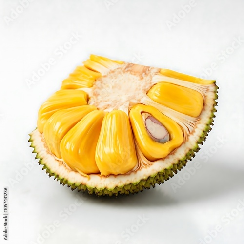 Ripe jackfruit segment, yellow arils,  green rind, displayed on a white background.  Sweet, juicy.