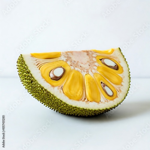 Jackfruit slice, vibrant yellow, seeds visible,  against a white background.  Sweet, tropical.