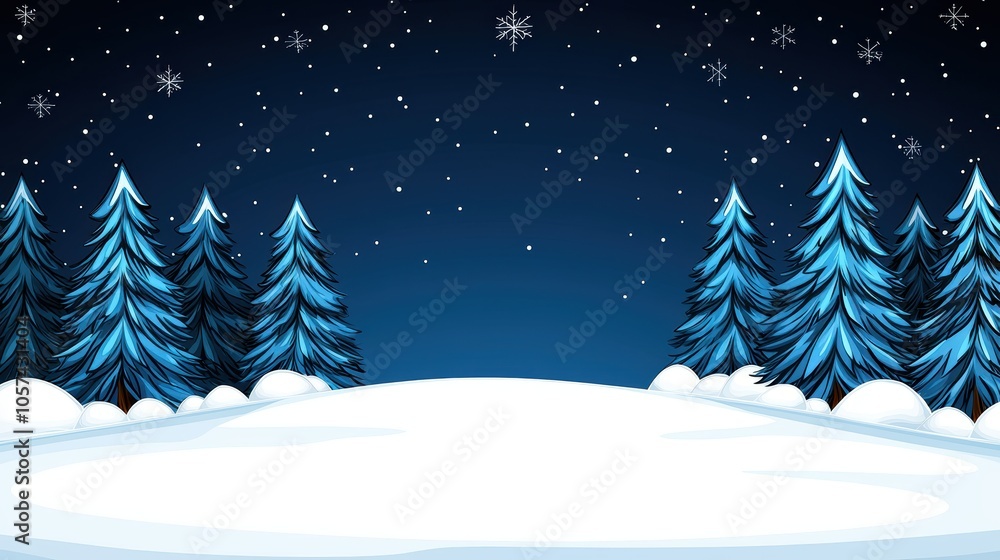 Obraz premium serene winter landscape featuring snow covered ground and frosty pine trees under starry night sky. Perfect for holiday themes and seasonal designs.