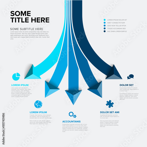 Vector light multipurpose Infographic template with title and five blue elements options with big color arrows. Multipurpose Infochart with modern colors lines icons and pyramid triangle arrows
