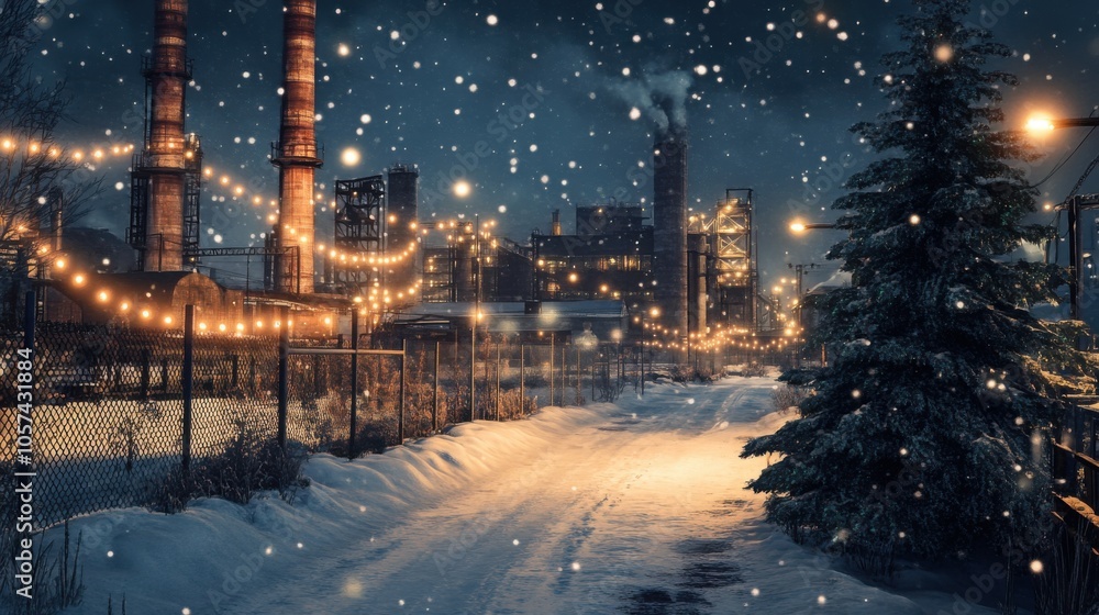 A frosty winter industrial scene with a factory in the background, accented with soft holiday lights strung along fences and a A frosty winter industrial scene with a factory in the background, accented with soft holiday lights strung along fences and a