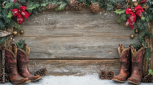 Framed western Christmas scene with blank space in the center bordered by rustic wood and decorated with holly, pinecones, and cowboy boots against a snowy backdrop photo