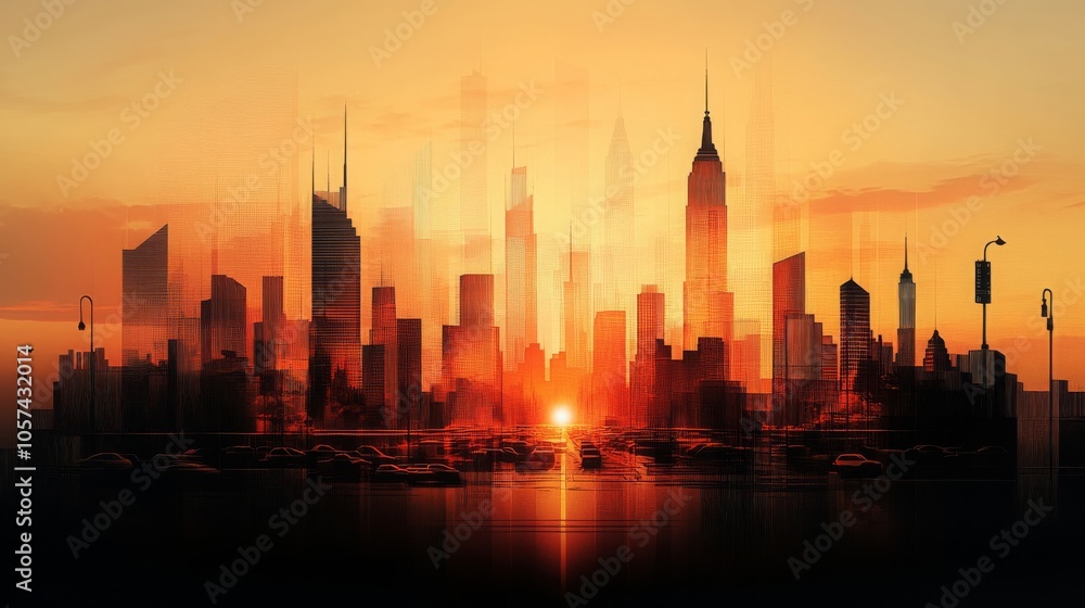 Cityscape Sunset Skyline Silhouette Abstract Art Cityscape Sunset Skyline Silhouette Abstract Art