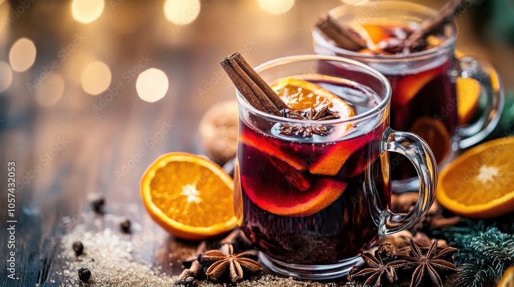 Steaming hot mulled wine with spices and orange slices Steaming hot mulled wine with spices and orange slices