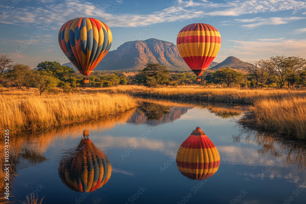 Fototapeta premium Colorful hot air balloons flying over mountain, Hot air balloon above high mountain at sunrise or sunset. 