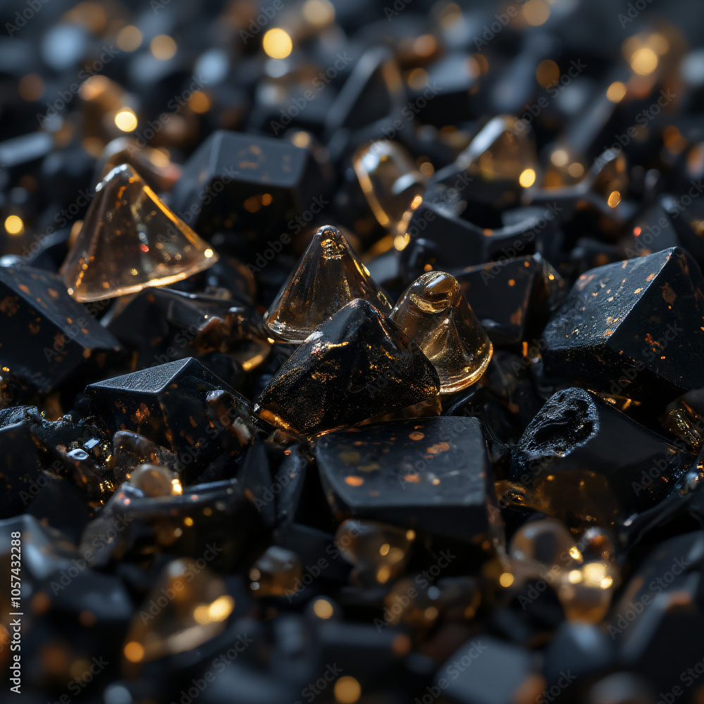 Black Crystals with Gold Highlights in Dark Setting Black Crystals with Gold Highlights in Dark Setting