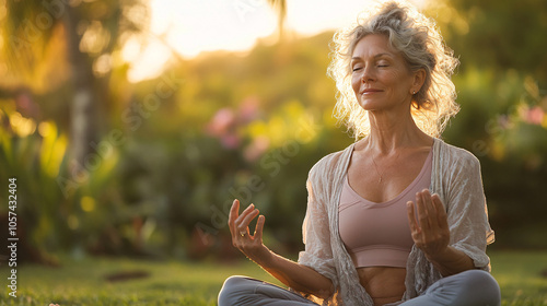 peaceful senior woman meditating in nature at sunset