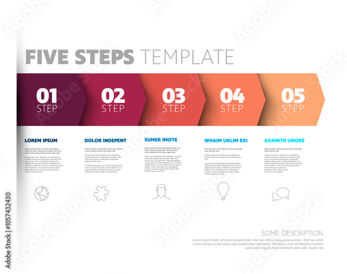 Five red steps progress procedure infochart template with descriptions icons titles and big numbers on arrows. Simple inographic describing some process with five steps