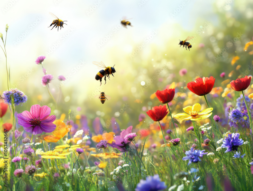 Bees buzzing over a vibrant meadow filled with colorful wildflowers in full bloom, basking in golden sunlight. Bees buzzing over a vibrant meadow filled with colorful wildflowers in full bloom, basking in golden sunlight.