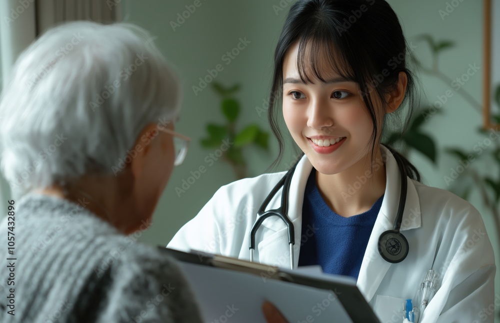 A caring and experienced medical practitioner possibly a doctor or nurse consulting with an elderly patient in a hospital or clinic setting The image conveys a sense of trust communication A caring and experienced medical practitioner possibly a doctor or nurse consulting with an elderly patient in a hospital or clinic setting The image conveys a sense of trust communication