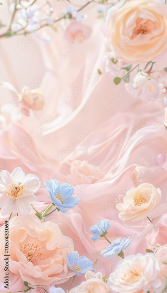 Romantic floral background with pink and blue roses and soft fabric texture Romantic floral background with pink and blue roses and soft fabric texture