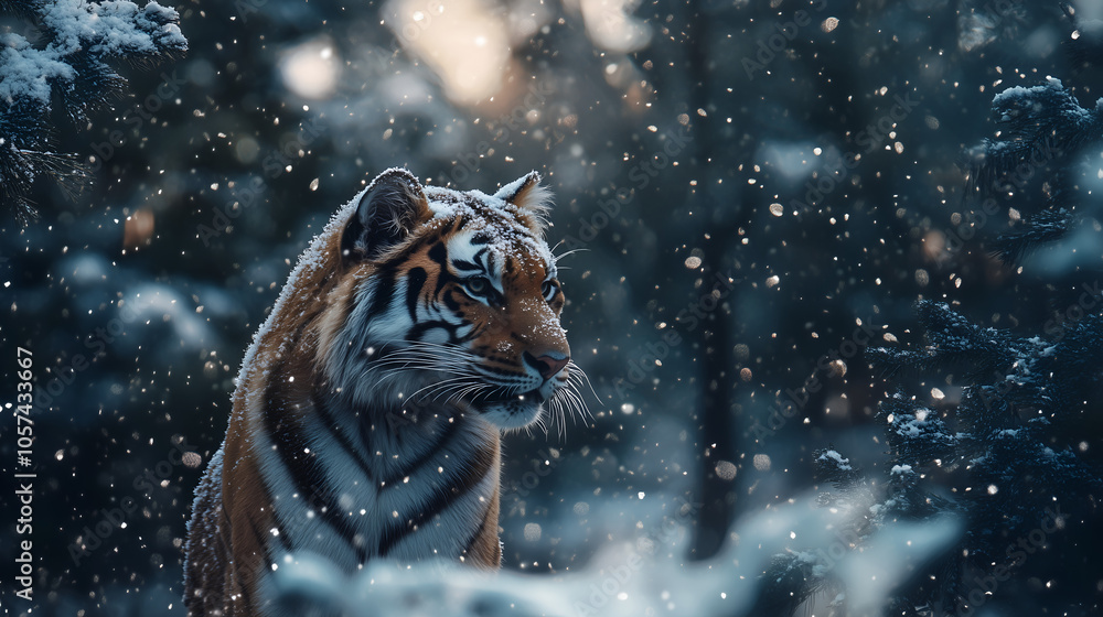 Winter-Themed Tiger with Snowflakes on Fur in Snowy Forest Winter-Themed Tiger with Snowflakes on Fur in Snowy Forest
