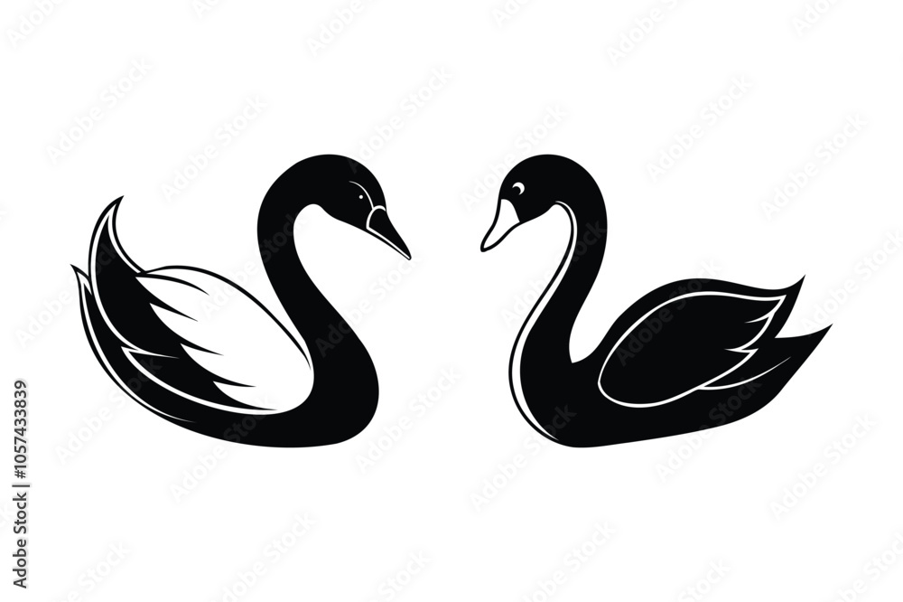 2 Sets of Black Swan Silhouette Vector Illustrations on White Background. 2 Sets of Black Swan Silhouette Vector Illustrations on White Background.