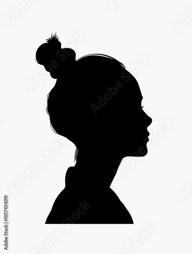 Woman's head is shown in silhouette. The hair is pulled back into a bun. The woman's face is shown in profile