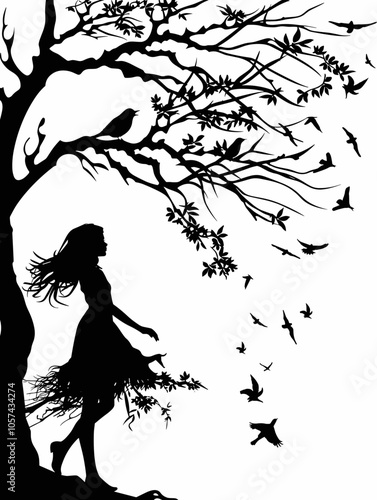 Woman is walking under a tree with many birds flying around her. The image has a serene and peaceful mood, as the woman is surrounded by nature and the birds are flying freely