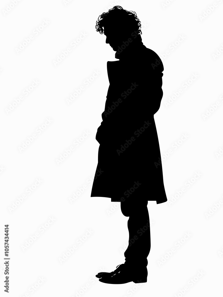 Man is standing in a white background. He is wearing a coat and has his hands on his hips Man is standing in a white background. He is wearing a coat and has his hands on his hips