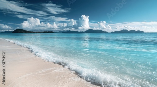 Clear Ocean: A realistic photo of a pristine blue ocean with gentle waves, against a backdrop of bright sky and distant islands. -