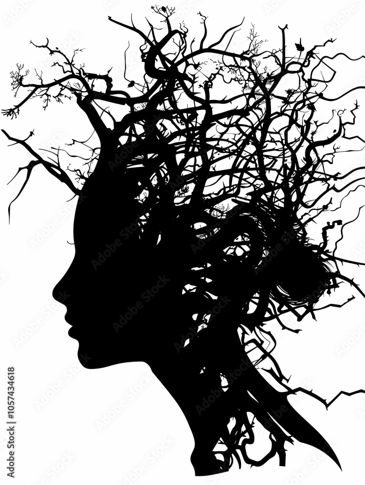 Black and white drawing of a head with trees growing out of it. The trees are thin and delicate, and the head is almost completely covered by them. The image has a dreamy, ethereal quality to it Black and white drawing of a head with trees growing out of it. The trees are thin and delicate, and the head is almost completely covered by them. The image has a dreamy, ethereal quality to it