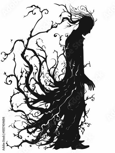 Black and white drawing of a person with tree branches growing out of their body. The image has a dark and eerie mood, with the person appearing to be a ghost or a spirit