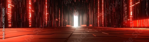 A futuristic corridor with vibrant red lights leading to a bright exit, evoking a sense of mystery and high-tech environments.
