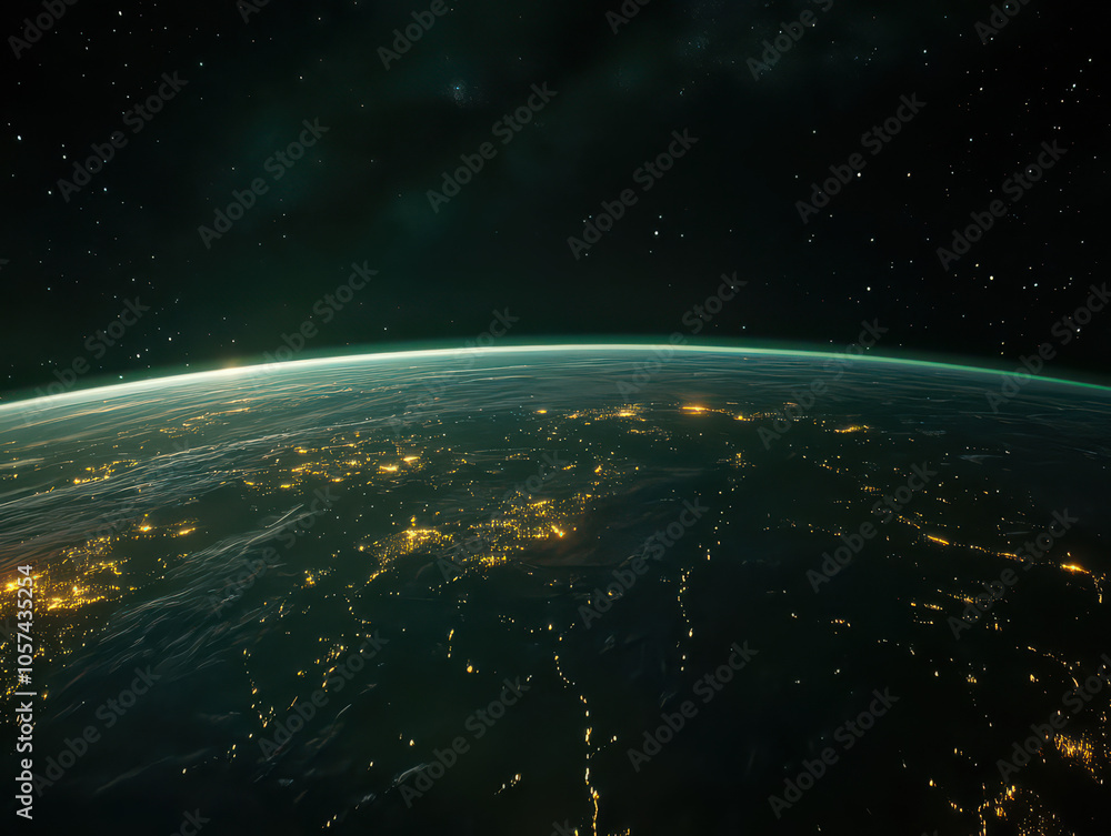 Fototapeta premium Stunning view of Earth at night with glowing city lights under a starry sky.