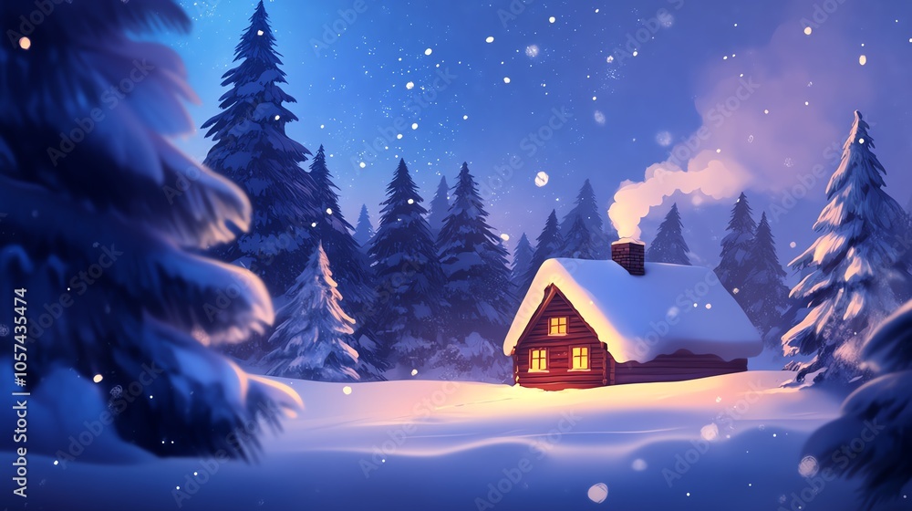 Fototapeta premium Cozy cabin in snowy landscape with pine trees and warm glow from windows.