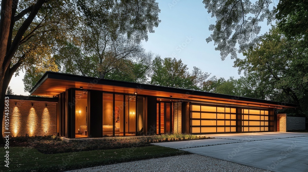 Exterior view of a modern, single-story house featuring flat roofs, metal and wood facade, large glass garage doors, and warm lighting for a cozy, modern look. Exterior view of a modern, single-story house featuring flat roofs, metal and wood facade, large glass garage doors, and warm lighting for a cozy, modern look.