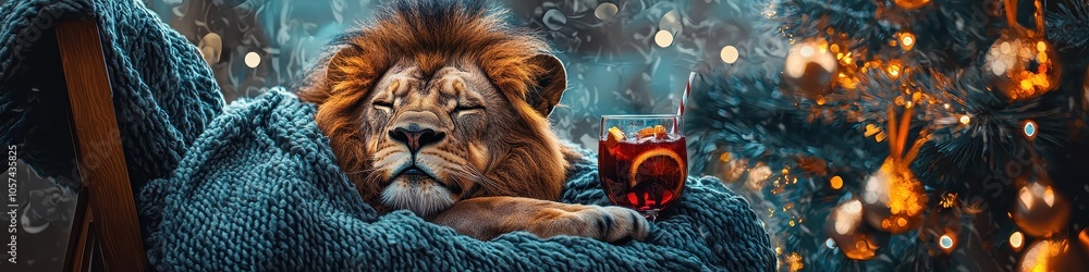 Naklejka premium lion in a chair with wine. Selective focus