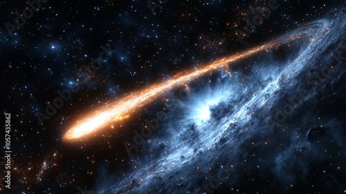 luminous comet passing through a dense star field and its bright tail leaving a trail of light in the darkness generative ai