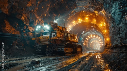 The work of special equipment on the construction of a tunnel of a high-speed railway line. Construction of a large tunnel using modern technology photo