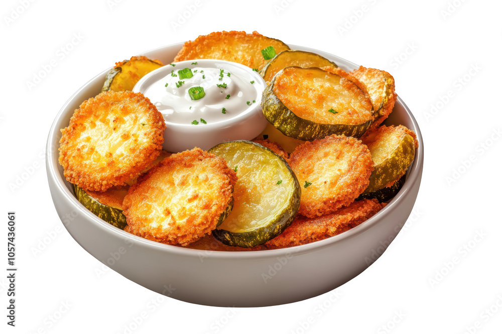 Fried pickles with ranch dip, PNG isolated on transparent background, white background. Fried pickles with ranch dip, PNG isolated on transparent background, white background.