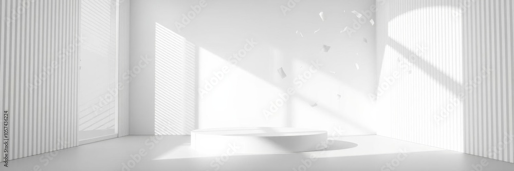 Abstract geometric minimalist scene with white and grey walls, stripes, flying paper, and play of light and shadow creating a podium-like copy space, white, abstract, stripes Abstract geometric minimalist scene with white and grey walls, stripes, flying paper, and play of light and shadow creating a podium-like copy space, white, abstract, stripes