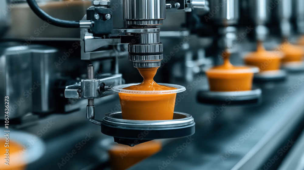Close-up view of a food production machine dispensing orange liquid into plastic containers on a conveyor belt in an industrial setting.