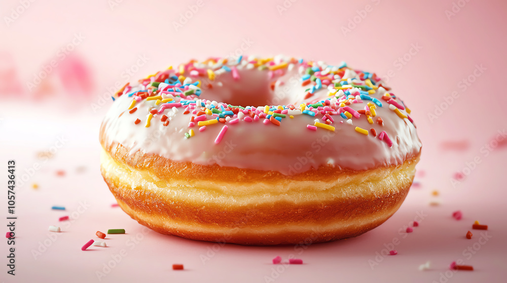 Delightful donut with rainbow sprinkles on a pastel background for sweet treat enthusiasts Delightful donut with rainbow sprinkles on a pastel background for sweet treat enthusiasts