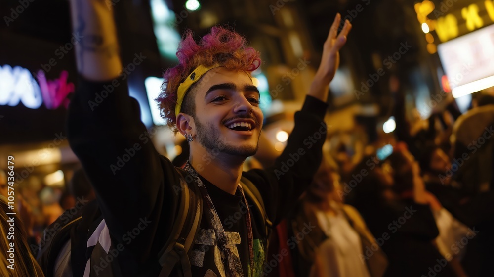 Man with pink hair and a yellow hat is smiling and waving at the camera Man with pink hair and a yellow hat is smiling and waving at the camera