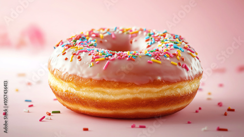 Delightful donut with rainbow sprinkles on a pastel background for sweet treat enthusiasts