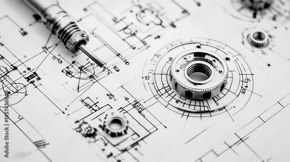 A technical drawing featuring mechanical components and tools for engineering design. A technical drawing featuring mechanical components and tools for engineering design.