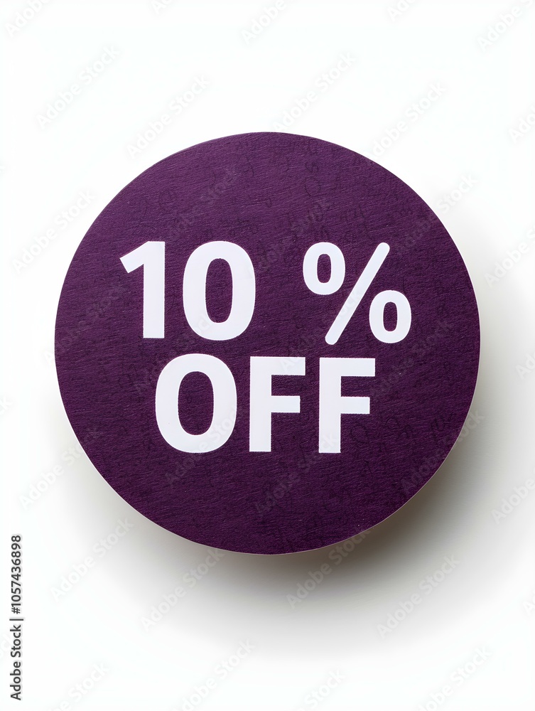 White '10% OFF' Text on a Dark Purple Round Paper Note. White Background White '10% OFF' Text on a Dark Purple Round Paper Note. White Background