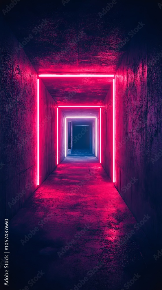 Dark underground passage with escolator and neon light, advertising light box, Mockup, tunnel with light beams Dark underground passage with escolator and neon light, advertising light box, Mockup, tunnel with light beams