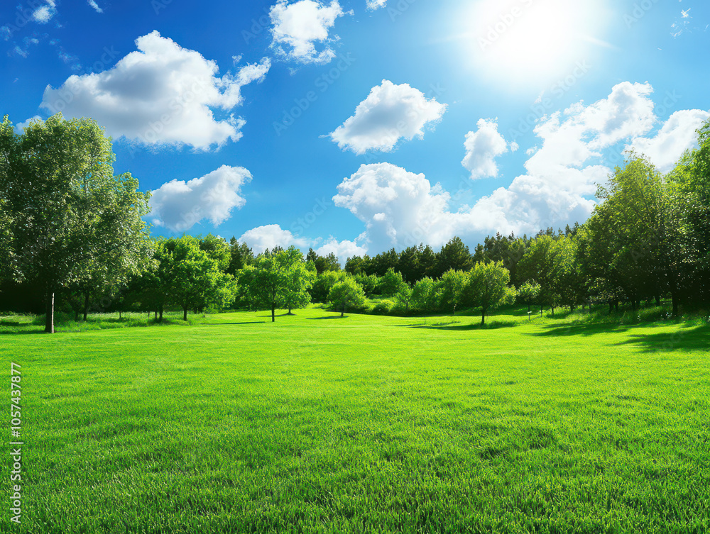 Vibrant green landscape under a bright blue sky with fluffy clouds and radiant sunshine. Vibrant green landscape under a bright blue sky with fluffy clouds and radiant sunshine.