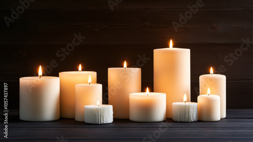 Arrangement of various lit pillar candles in different sizes on a wooden surface with a dark wooden background, creating a warm and calming atmosphere.